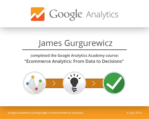 Google Analytics Ecommerce - Certificate - James Gurgurewicz